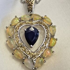 Kanchanaburi Blue Sapphire And Welo Opal Heart Pendant w/ Chain
